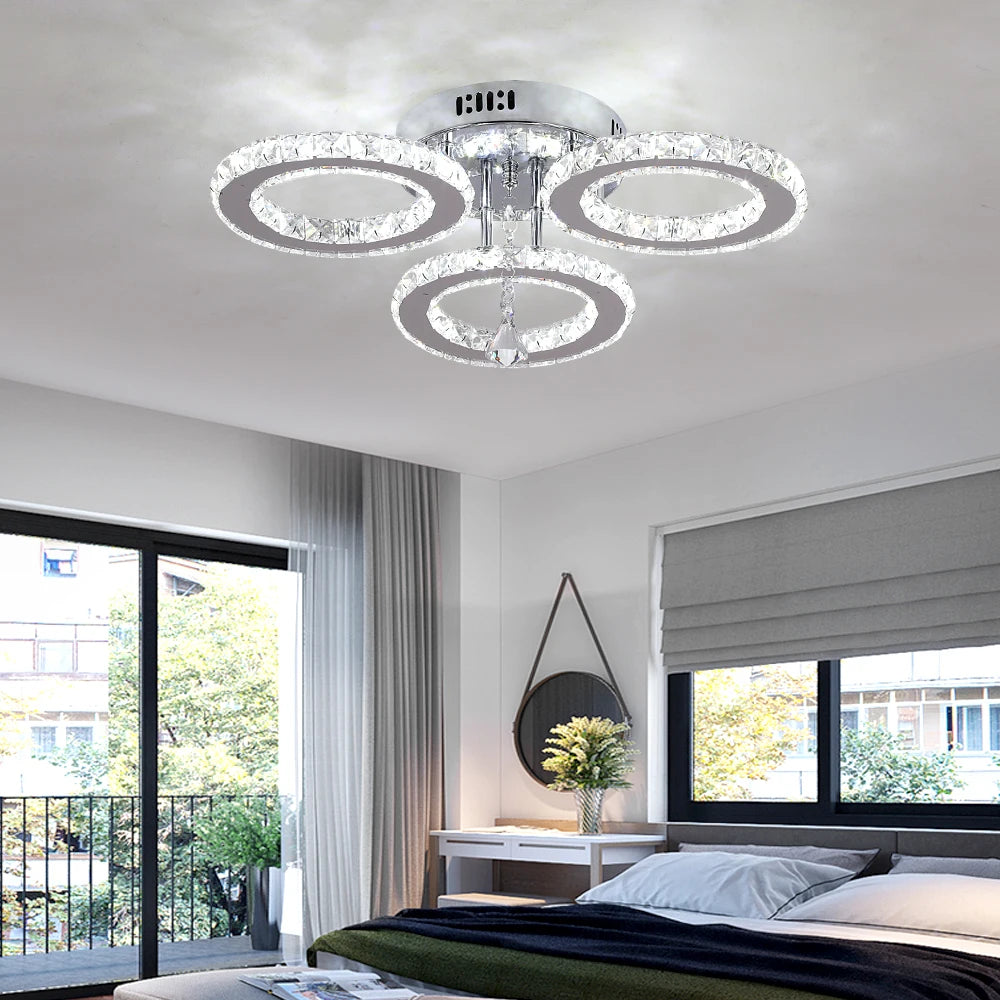 Modern Ceiling Lamp Pendant Light Crystal Led Chandelier Fixture Rings Stainless Steel Plafonnier Kids Bedroom Home Decor Indoor