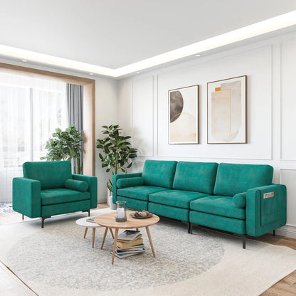 3-Seat Modular Sofa Couch w/ Side Storage Pocket Peacock & Socket USB Ports Teal