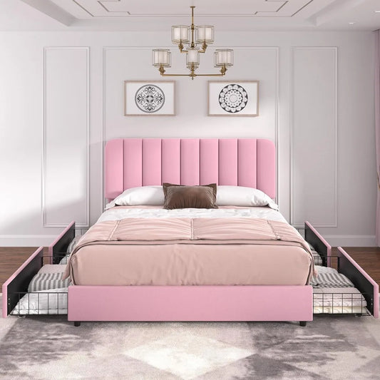 Full Size Upholstered Bed Frame with 4 Storage Drawers, Velvet Headboard, Wood Slat Support, No Box Spring Needed in Pink