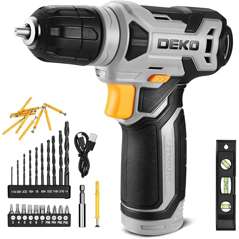 DEKO 8V Cordless Drill Set Mini Power Driver with 3/8"Keyless Chuck 42pcs Acessories Built-in LED Power Drill for Drilling