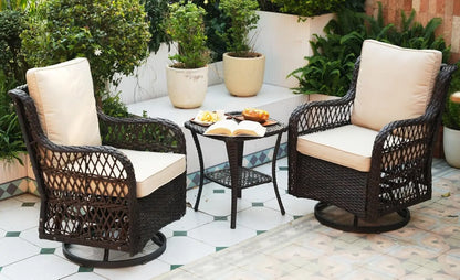3 piece outdoor patio set, wicker rocking bistro set with 2 swivel chairs & tempered glass top table, rattan outdoor furniture