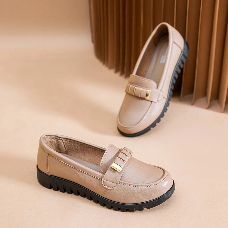 Elegant Women's Ballet Flats Solid Color Slip-On Loafers with Breathable Split Cow Leather Upper PU Sole and Comfortable Polyure