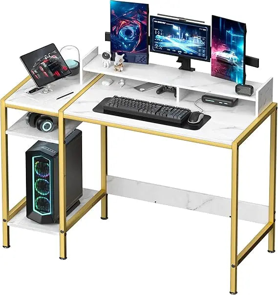 Gaming/Computer Desk - 47” Home Office Small Desk with Monitor Stand, Rustic Writing Desk for 2 Monitors, Adjustable Storage Spa