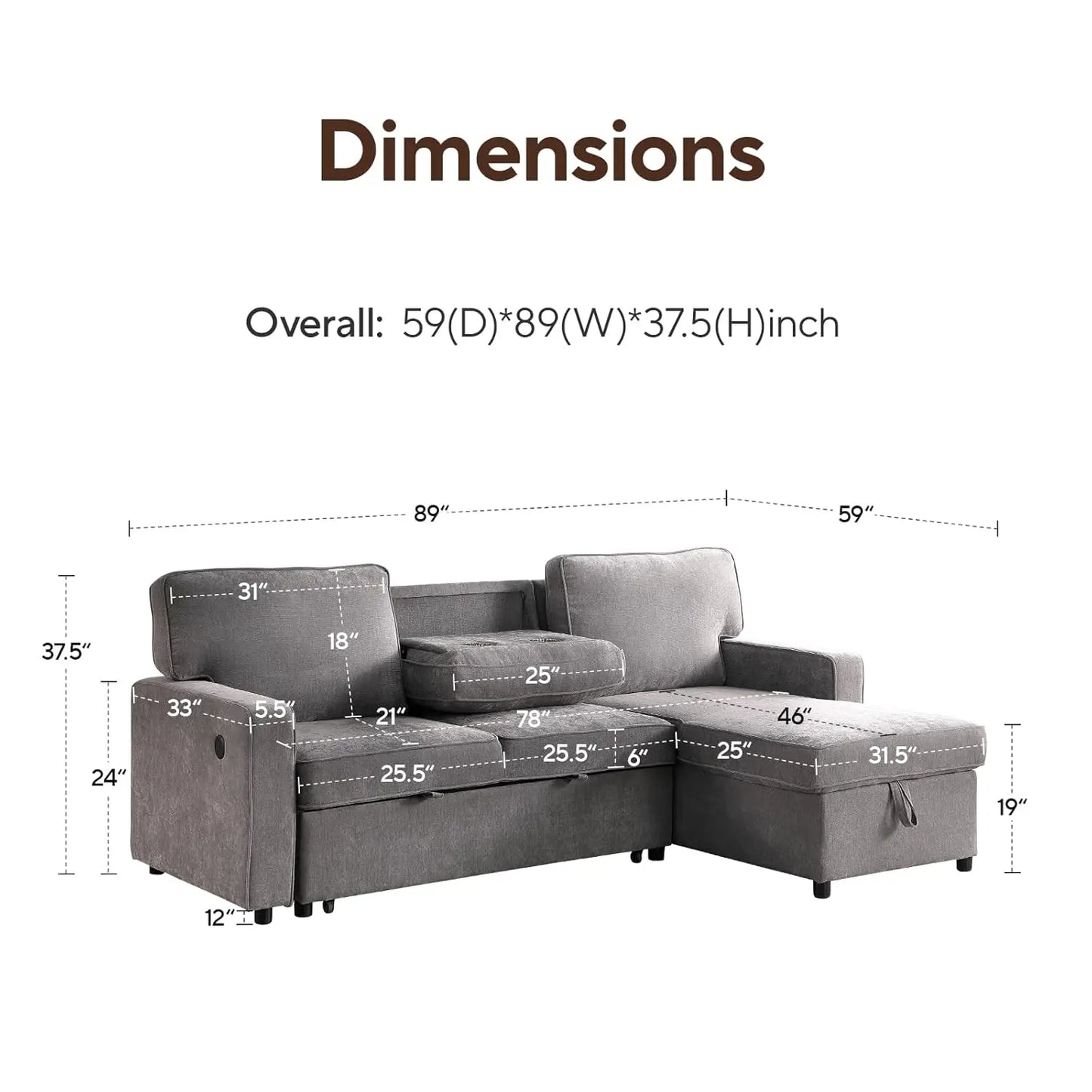 89" Sofa Bed, Chenille Modern 2-in-1 Convertible Sleeper Sofa, Pull Out Couch Bed with Storage Chaise, L Shaped Couch with USB a