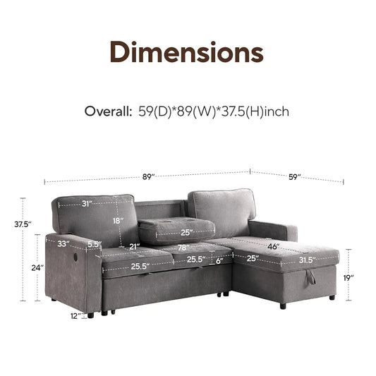 89" Sofa Bed, Chenille Modern 2-in-1 Convertible Sleeper Sofa, Pull Out Couch Bed with Storage Chaise, L Shaped Couch with USB a