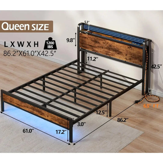 Bed Frame with Charging Station and LED Lights,Industrial Platform Beds Queen Size with Storage Headboard,USB Port,Rustic Wood