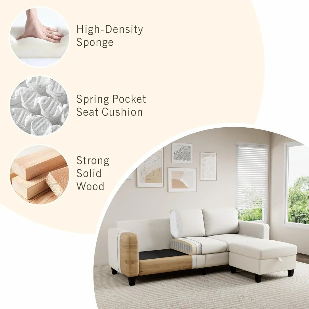 Sectional Sofa Couches for Living Room - 3 Seat L-Shaped Couch with Storage Ottoman, Comfy Fabric Convertible Sectionals