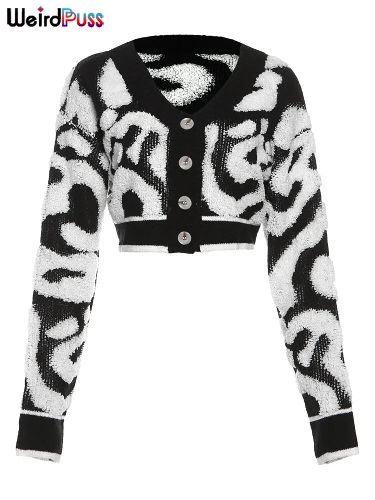 Weird Puss Casual Y2K V-Neck Button Cardigan Sweater Women Autumn Wild Stylish Long Sleeve Warm Streetwear Knit Classic Jumper