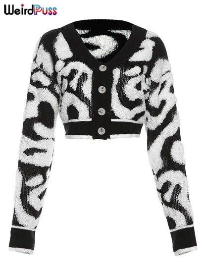 Weird Puss Casual Y2K V-Neck Button Cardigan Sweater Women Autumn Wild Stylish Long Sleeve Warm Streetwear Knit Classic Jumper