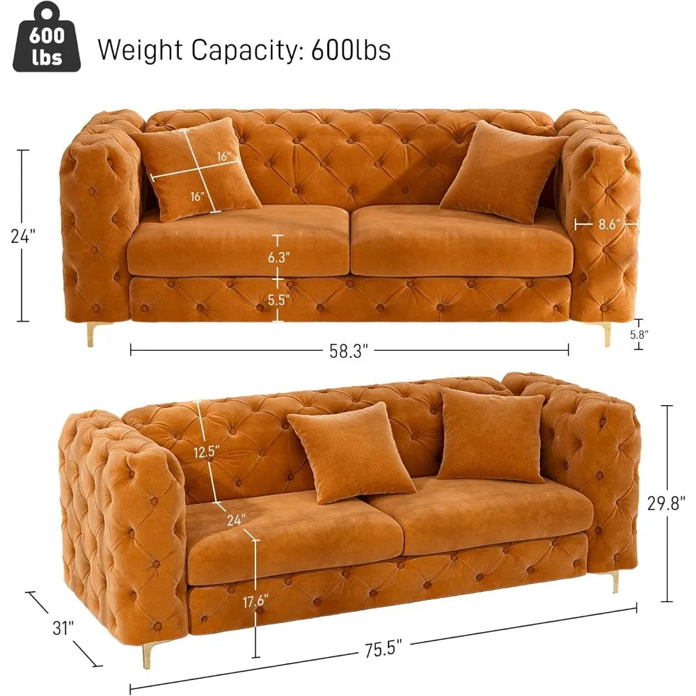 75" Sofa Couch Mid Century Modern Velvet Couch Tufted Button Sofa High Armrest & Metal Gold Legs Luxury Chesterfield Decor with