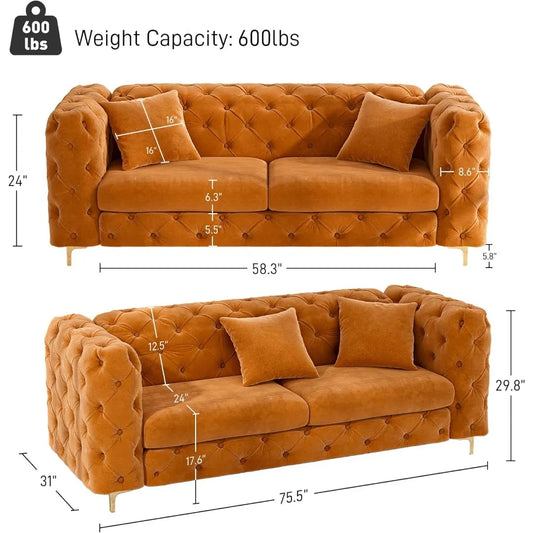 75" Sofa Couch Mid Century Modern Velvet Couch Tufted Button Sofa High Armrest & Metal Gold Legs Luxury Chesterfield Decor with