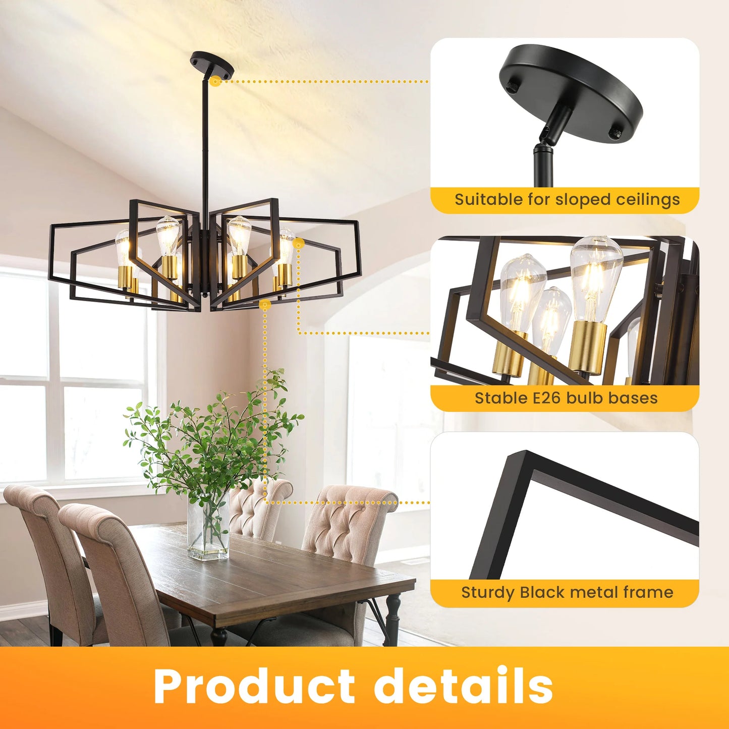 Modern 8-Light Geometric Chandelier Adjustable Height Metal Pendant Light with Black Frame & Golden Accents Ceiling Light Decor