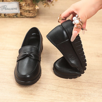 Women's Bow Detail Leather Flat Shoes - Slip On Casual Loafers with Non-Slip Sole
