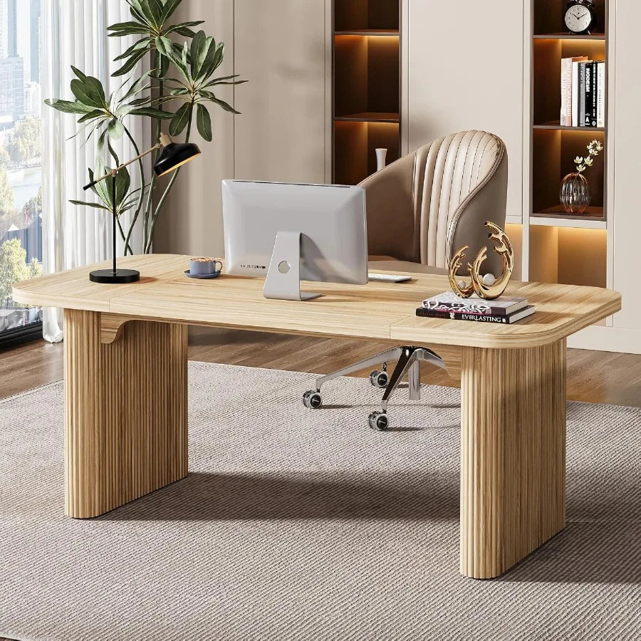 62-Inch Modern Executive Desk with Natural Oak Finish Large Aesthetic Wood Office Desk Featuring Double Pedestal Storage Ideal