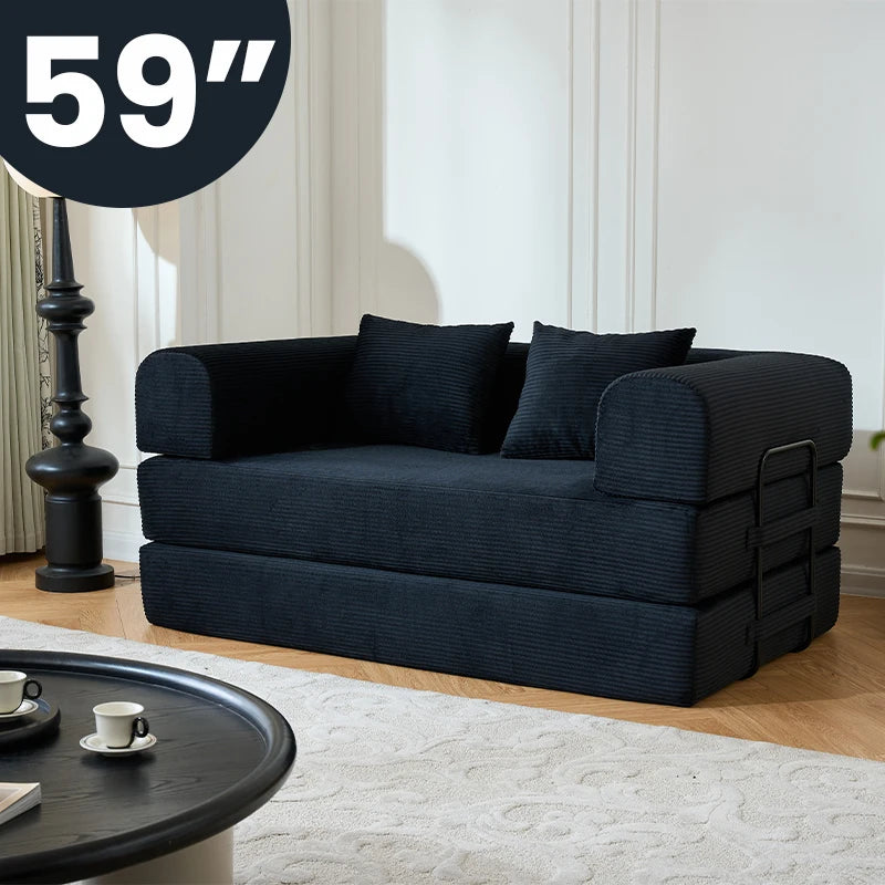 59’’ Convertible Sofa Bed Corduroy Upholstered Boneless Couch, Loveseat Fold Out Small Floor Sleeper for Living Room