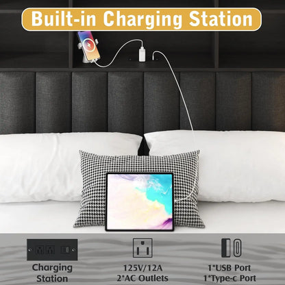 Queen Bed Frame with Headboard, Queen Bed Frame with High Storage Bookcase Headboard, 4 Storage Drawers & Charging, Customized
