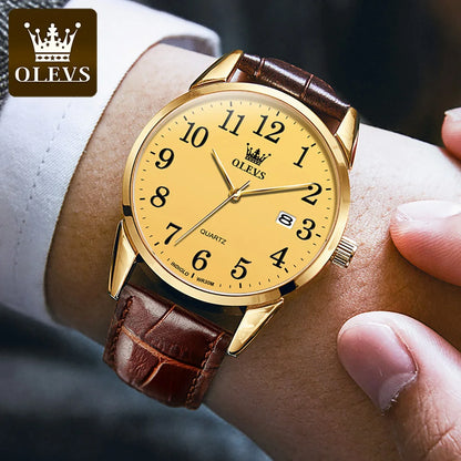 OLEVS Brand Fashion Quartz Watch for Men and Women Leather Strap Waterproof Original Watch Arabic Numeral Scale Giving to Elders