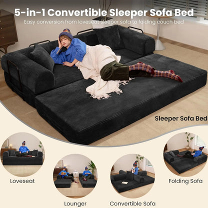 79" Boneless Corduroy Convertible Sofa Bed Foldable Memory Foam Compressed Modular Couch in a Box for Customized Comfort