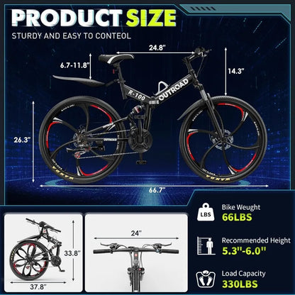 26 Inch Folding Mountain Bike, 21 Speed Full Suspension Bicycle with High-Carbon Steel, Dual Disc Brake Non-Slip Quick