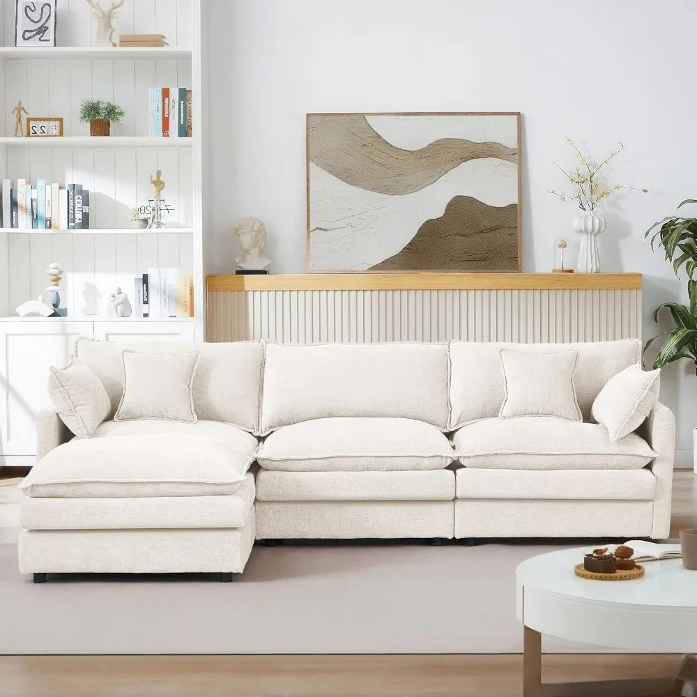 Beige Modular Sectional Sofa Cloud Couch L-Shape Convertible 3-Seater Chenille Upholstered with Ottoman Living Room