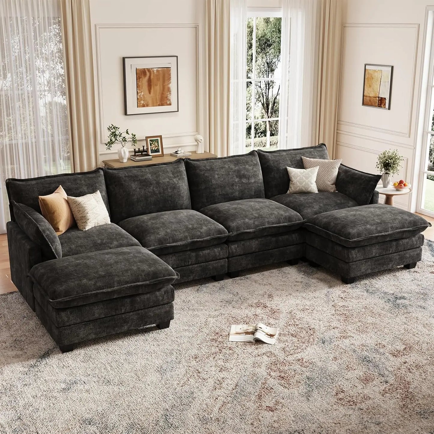 Cloud Couch Modular Sectional U Shaped Sofa with Movable Ottoman Comfy Chenille Living Room Furniture Customized