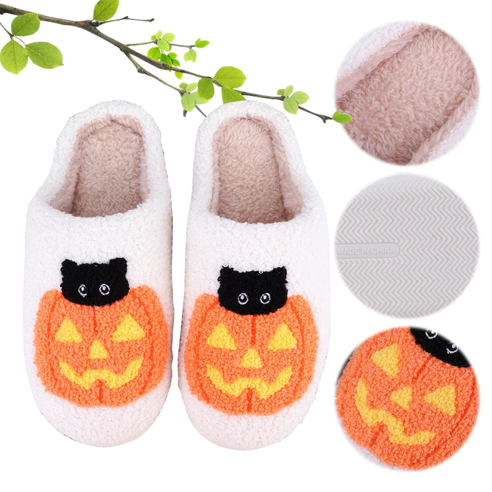 Halloween Pumpkin Cat Slippers Closed Toe Slippers Flat Thermal Slippers Warm Slip-On Unisex House Shoes Winter Halloween Gifts