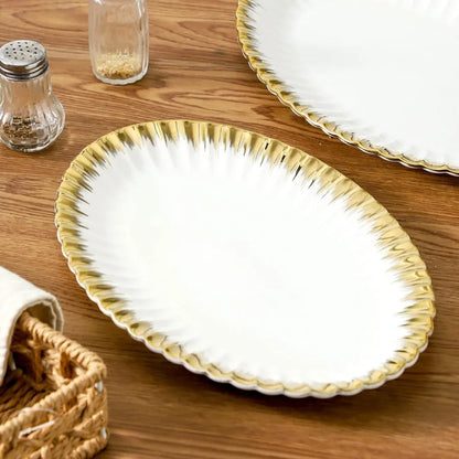 Ceramic Oval Serving Platters 12 Inch Porcelain White Dinner Plates with Gold Trim for Party Entertaining Ideal for Serving San