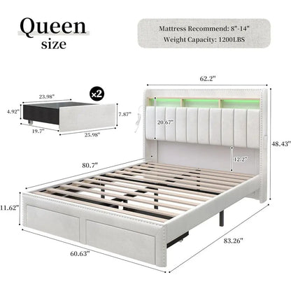 Modern Platform Bed with Upholstered Wingback Headboard, 2 Drawers, Channel Tufted, No Box Spring Needed Customized