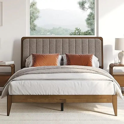 Casa Raven Solid Wood Queen Size Bed Frame - Mid Century Modern Style, Platform with Tufted Upholstered Adjustable Height Head