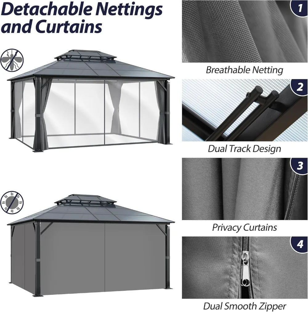 12' x 14' Hardtop Gazebo with Double Polycarbonate Roof, Metal Frame, Netting & Curtains for Outdoor Garden Patio