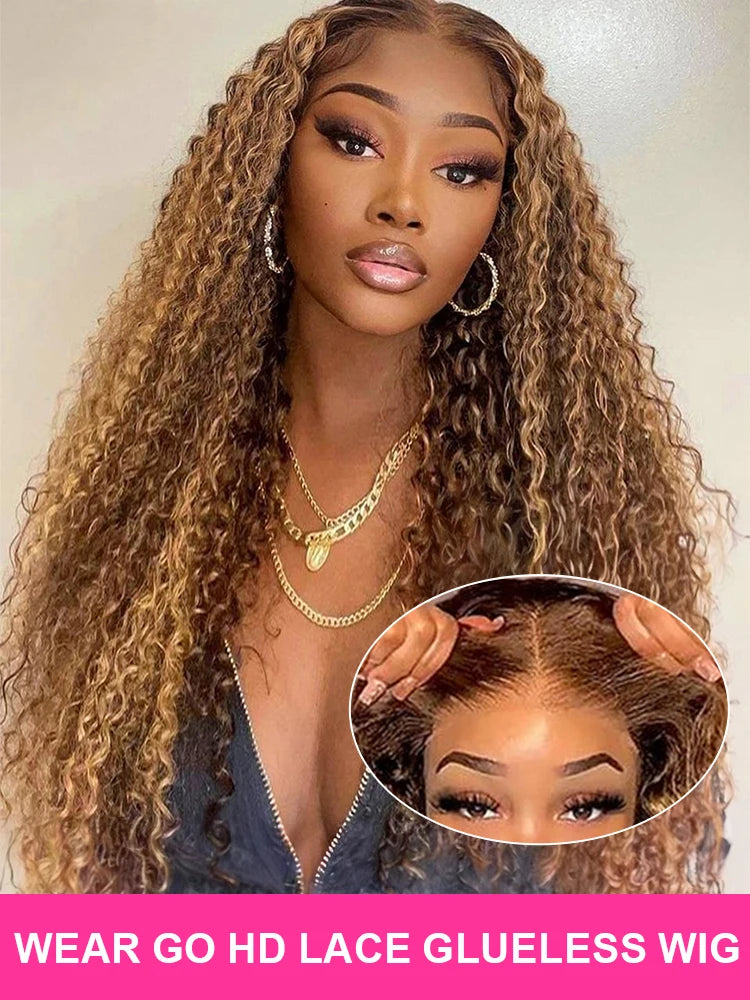 250% Wear and Go Glueless Wigs Highlight Ombre Curly Wigs Brown 13x4 HD Lace Frontal Human Hair Wigs Deep Water Wave Wigs CEXXY