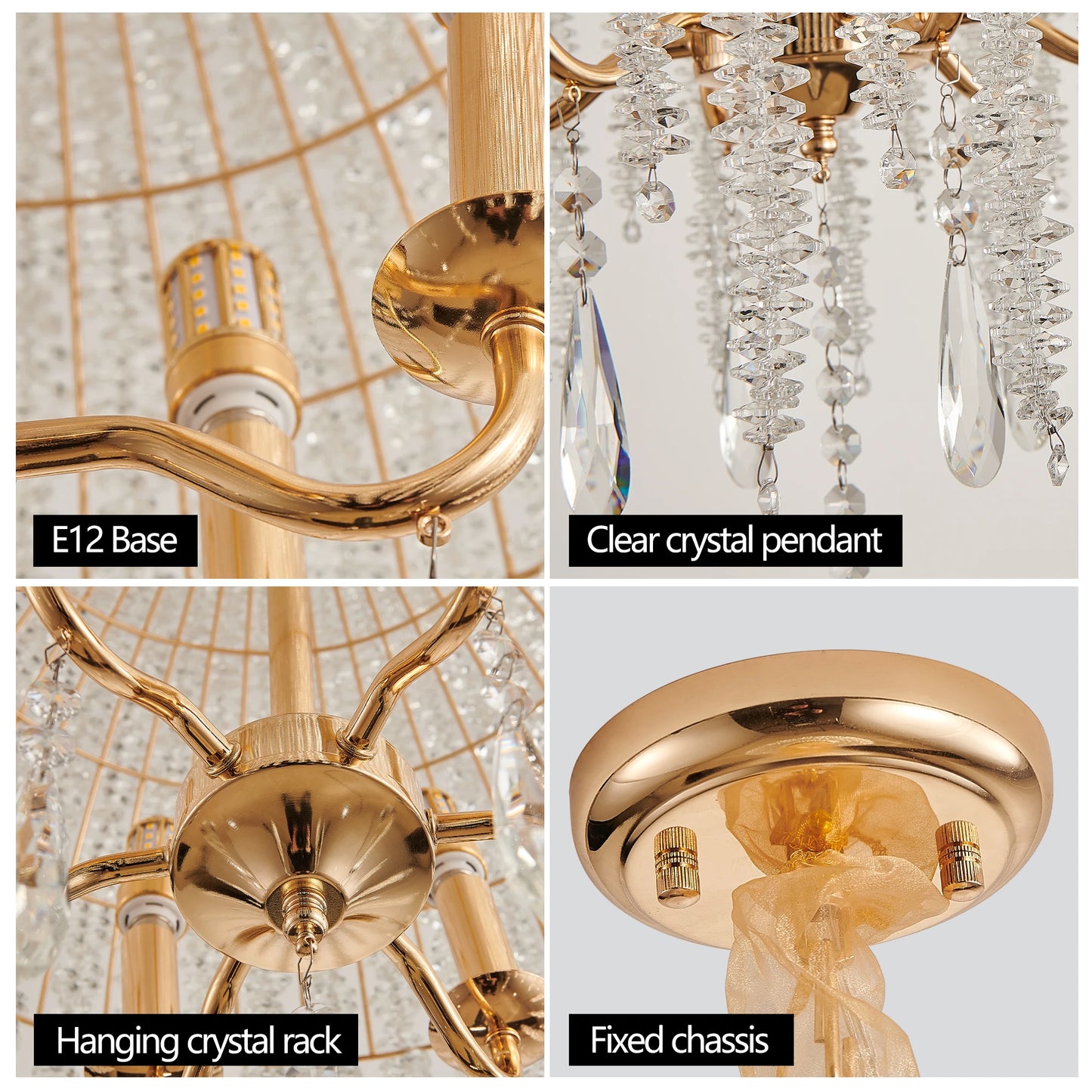 20 Inch 6-Light Crystal Pendant Light Chandelier Elegant Waterfall Design with Crystal Bead Strings and Gold Finish (No Bulb)