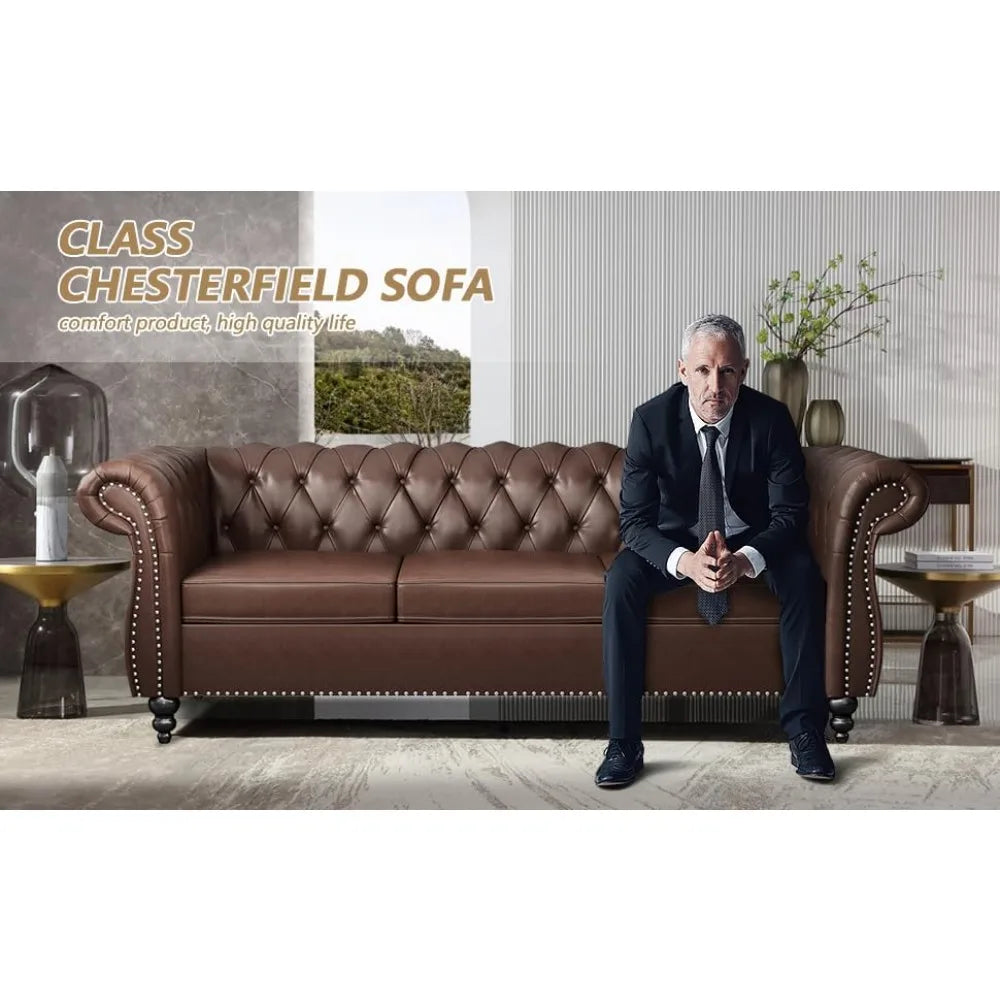 Chesterfield Leather Sofa 3 Seater Couch, Mid-Century Large Sofa Roll Arm Classic Tufted Settee Modern PU Sofa with Channel Tuf