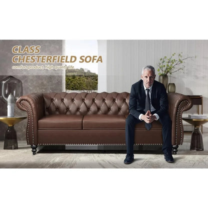 Chesterfield Leather Sofa 3 Seater Couch, Mid-Century Large Sofa Roll Arm Classic Tufted Settee Modern PU Sofa with Channel Tuf