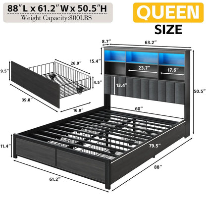 Queen Bed Frame with Headboard, Queen Bed Frame with High Storage Bookcase Headboard, 4 Storage Drawers & Charging, Customized
