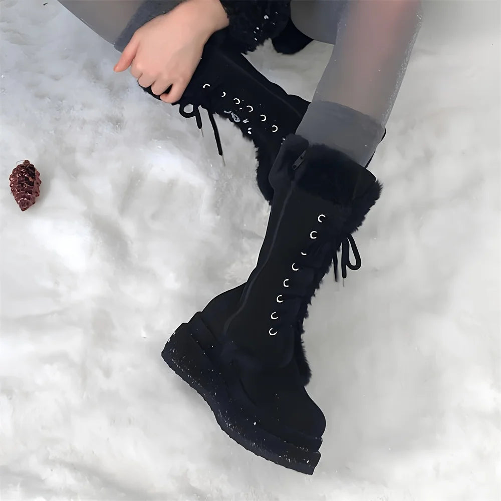 Winter Warm Faux Fur Mid Calf Snow Boots Fashion Platform Wedges High Heels Side Zipper Lace-up Boots for Women