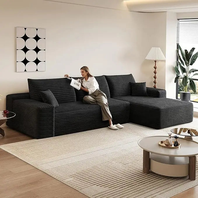 107.5" Boneless Corduroy Living Room Sofa – L-Shaped Cloud Sectional with Chaise, Modular Deep Seat & No Assembly
