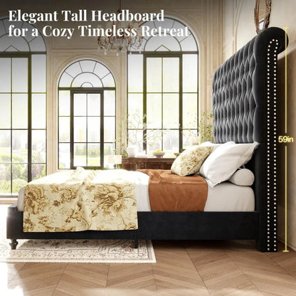 Queen Size Velvet Upholstered Bed Frame with Tall Headboard, Noise-Free, No Box Spring Needed, Black