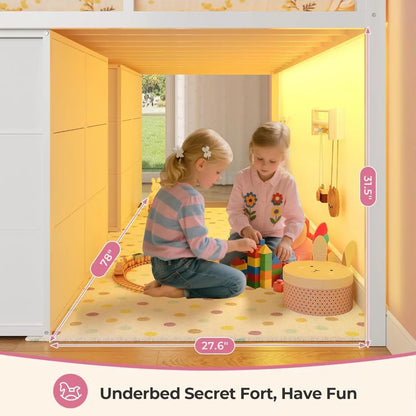 Low Loft Bed Twin Size with Storage Drawers, Bookcase, LED Lights, Safety Guardrail, Under-Bed Play Space