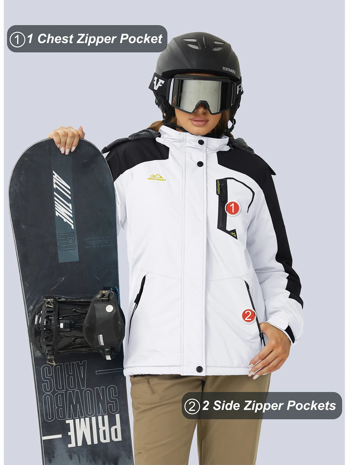 Womens Ski Jacket Waterproof Insulated Snow Jacket Warm Windproof Winter Coats with Hood Fleece Lined Jacket