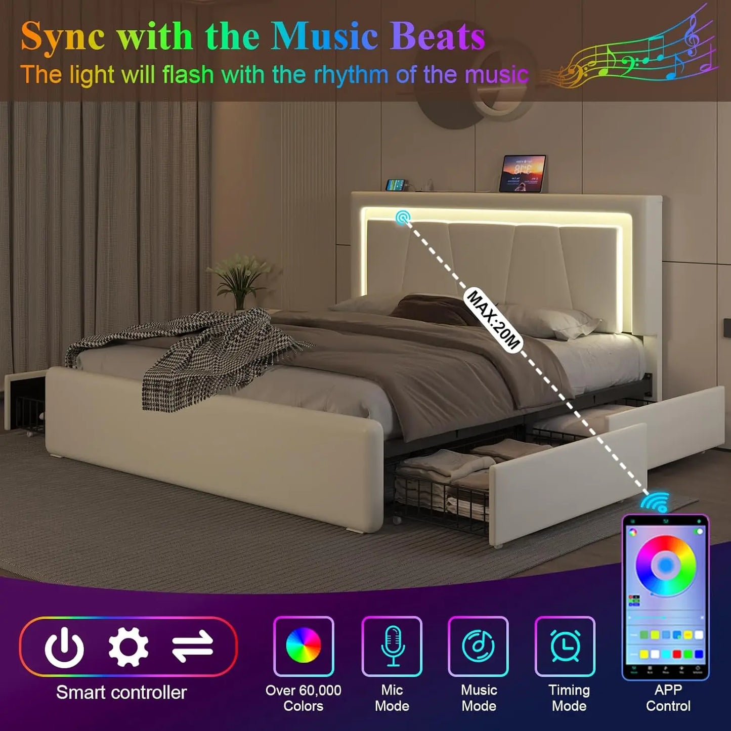 Queen Bed Frame with Storage Drawers, LED Headboard & Charging Station, Easy Assembly, White