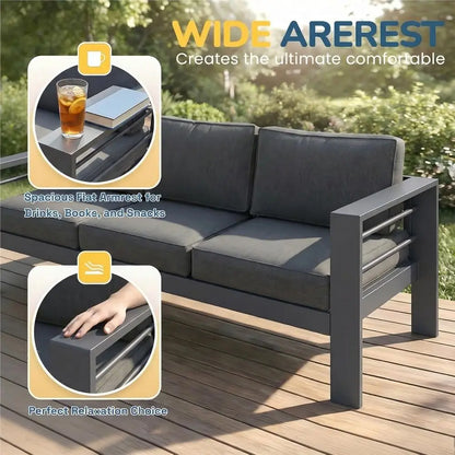 Gray Oversized Metal Patio Furniture Set with 27.5 Deep Seating and 3.2 Wide Armrests, All-Weather Outdoor Cushion Set