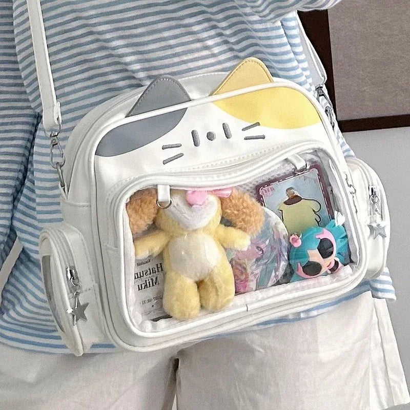 Women's Fashion Backpacks Y2K Korean Japan Kawaii Cat Ita Bag PU Cute Girls Transparent Pocket Aesthetic Shoulder Crossbody Bags