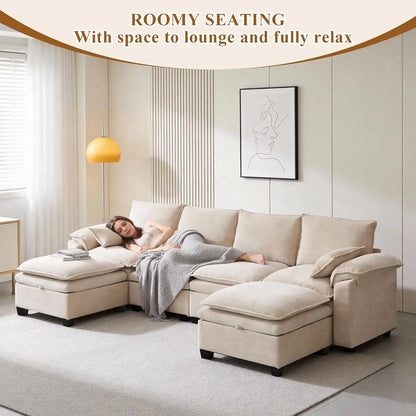 108" U Shaped Cloud Couch Sectional with Ottoman Storage, Chenille Modular Sectional Sofa with Pillow, Modern Deep, Customized