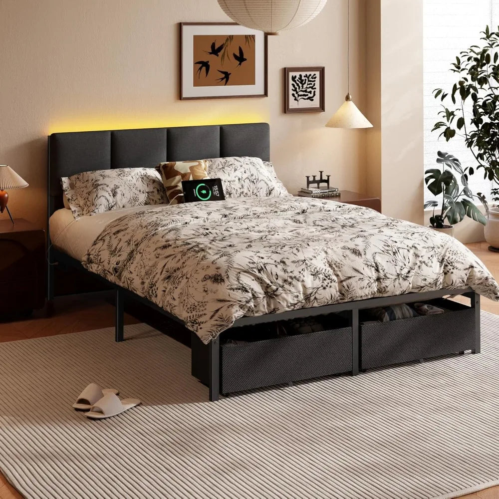 Bed Frame with Headboard, Upholstered  Bed Frame with LED Light, USB Charging Station, Platform, Customized