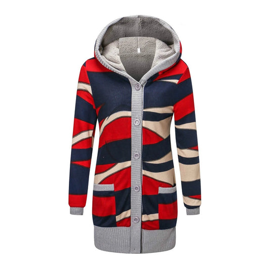 Women Cardigan Striped Print Long Sleeve Sweater Coat Buttons Closure Hooded Plush Lining Sweater Outerwear For Autumn Winter