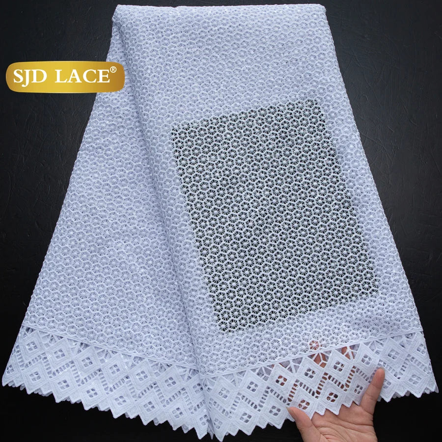 SJD LACE African Sequins Guipure Cord Lace Fabrics 5 Yards White 2025 New Nigerian Water Soluble Lace For Women Dresses Sew 4197