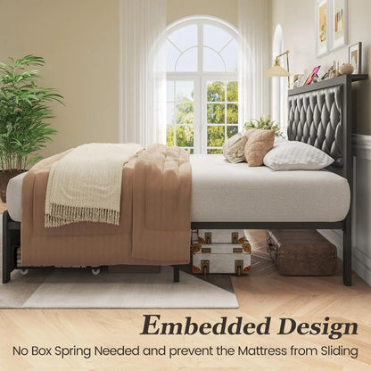 Queen Bed Frame with Storage Drawers, Upholstered Headboard, Charging Station, Noise-Free Metal Structure in Black