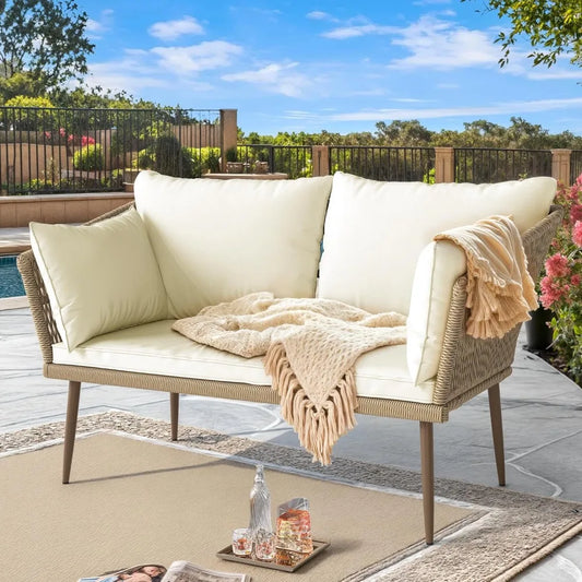 patio wicker loveseat, all-weather rattan 2 seater sofa with cushions & lumbar pillows, outdoor patio furniture set for patio,
