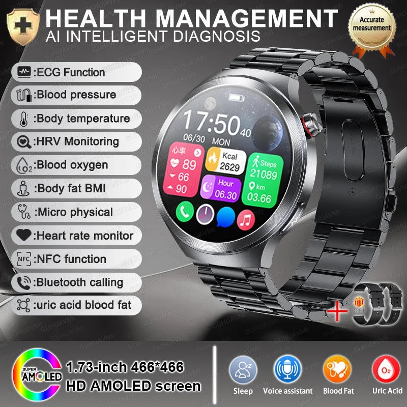 New 1.73" Sapphire Glass Uric Acid Blood Fat Health Trackr SmartWatch Blood Pressure ECG+PPG Clock Body Analysis Smartwatchs Men